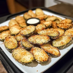 Air fryer fried pickles served with dipping sauce on a plate
