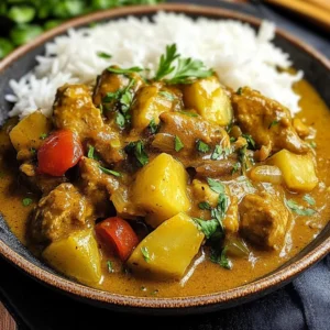 Bowl of authentic Jamaican Curry Chicken garnished with fresh herbs