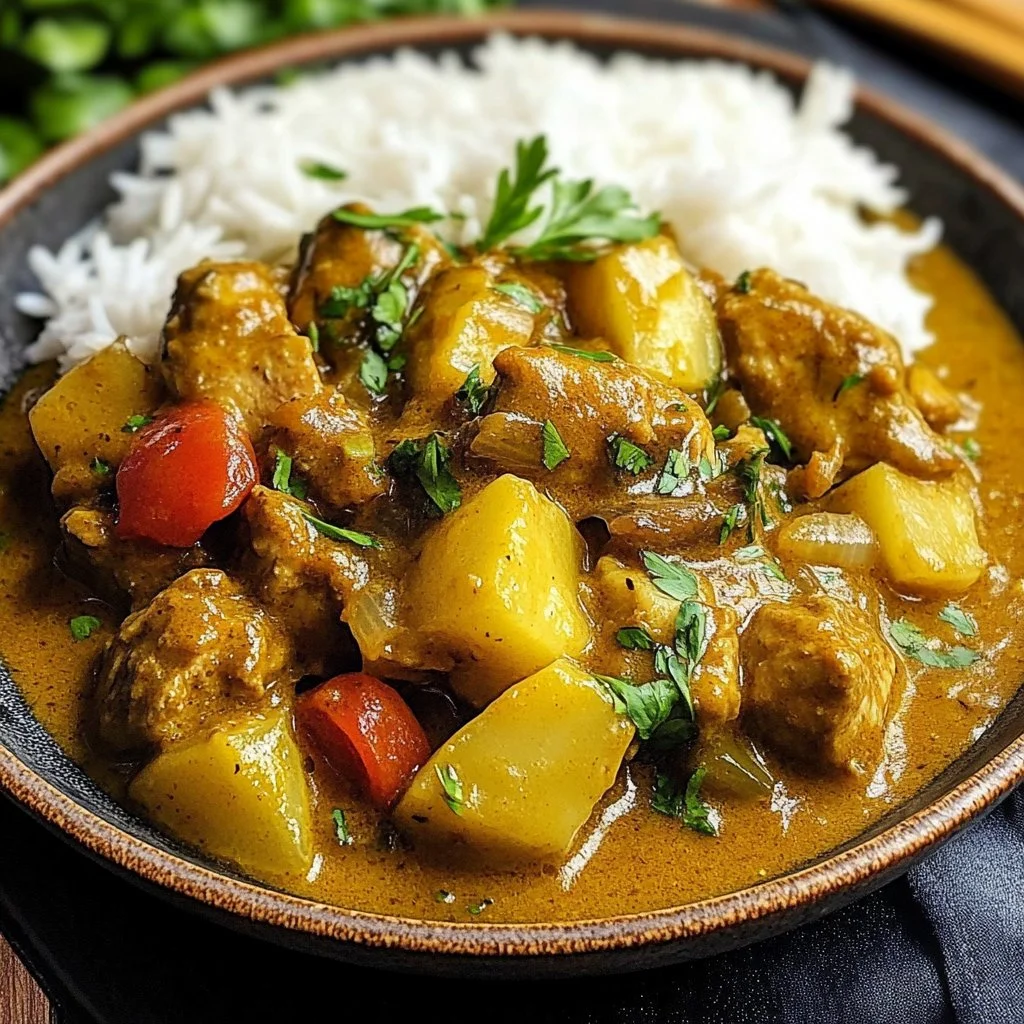 Bowl of authentic Jamaican Curry Chicken garnished with fresh herbs