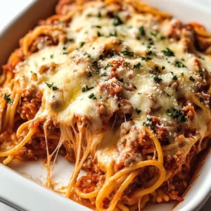 Baked cream cheese spaghetti casserole with cheese topping and herbs