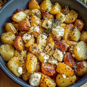 Delicious Baked Feta Potatoes topped with herbs and spices.