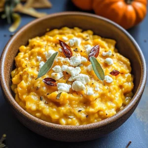 Baked pumpkin goat cheese risotto garnished with herbs in a serving bowl