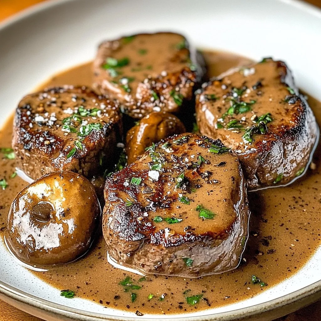Delicious Beef Steak Diane served with sauce and garnish.