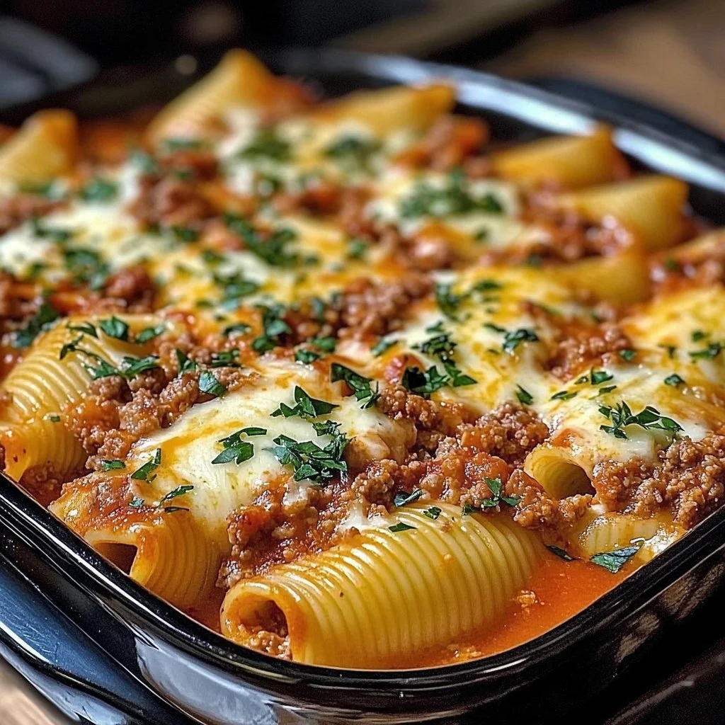 Beef-stuffed shells filled with creamy ricotta cheese and topped with marinara sauce