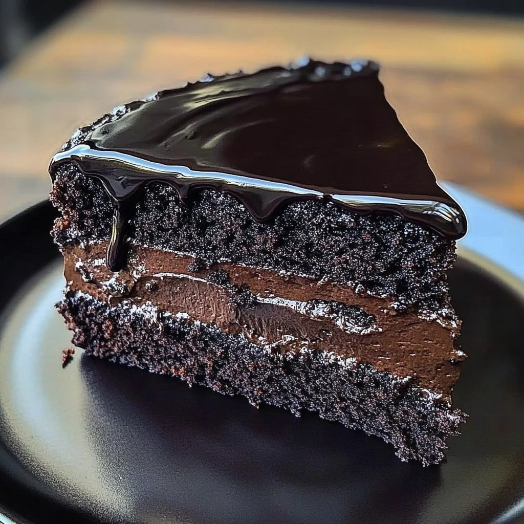 Slice of moist black velvet cake with cream cheese frosting on a plate