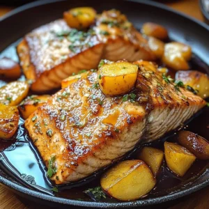 Bourbon Peach Roasted Salmon on a plate garnished with fresh herbs and peaches