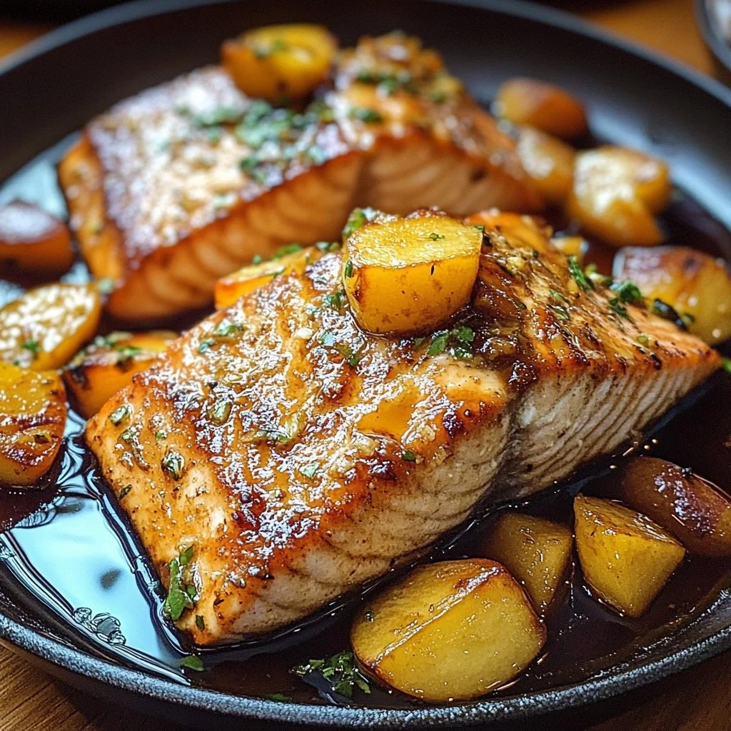 Bourbon Peach Roasted Salmon on a plate garnished with fresh herbs and peaches