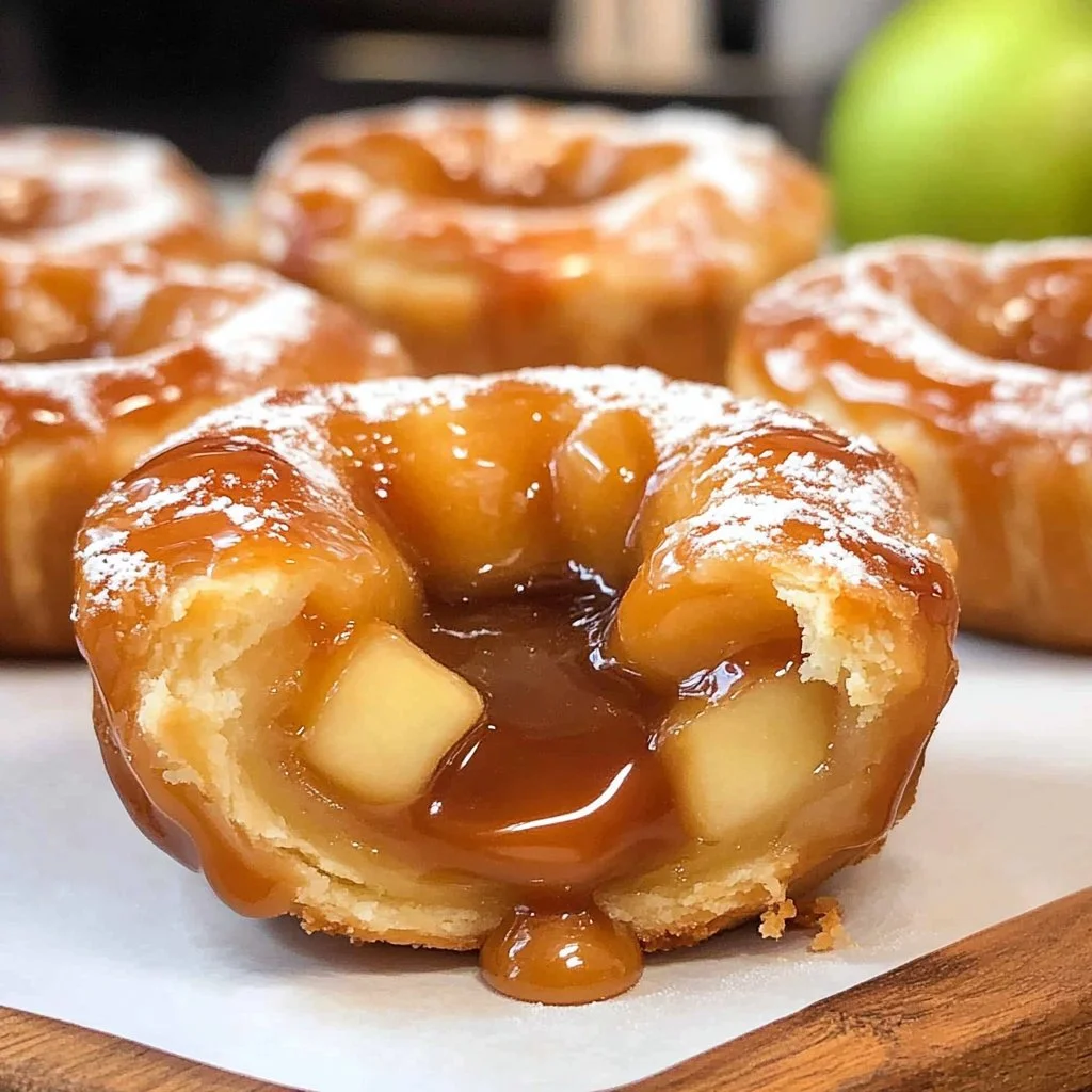 Delicious caramel apple pie bombs fresh out of the oven, drizzled with caramel.