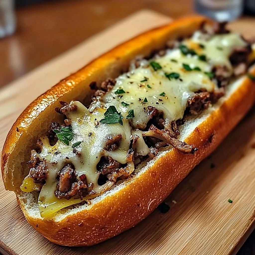 Cheesesteak served on garlic parmesan bread with melted cheese and beef