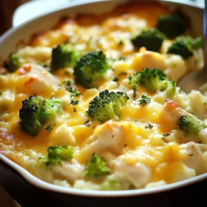 Delicious cheesy chicken broccoli rice casserole dish with vegetables