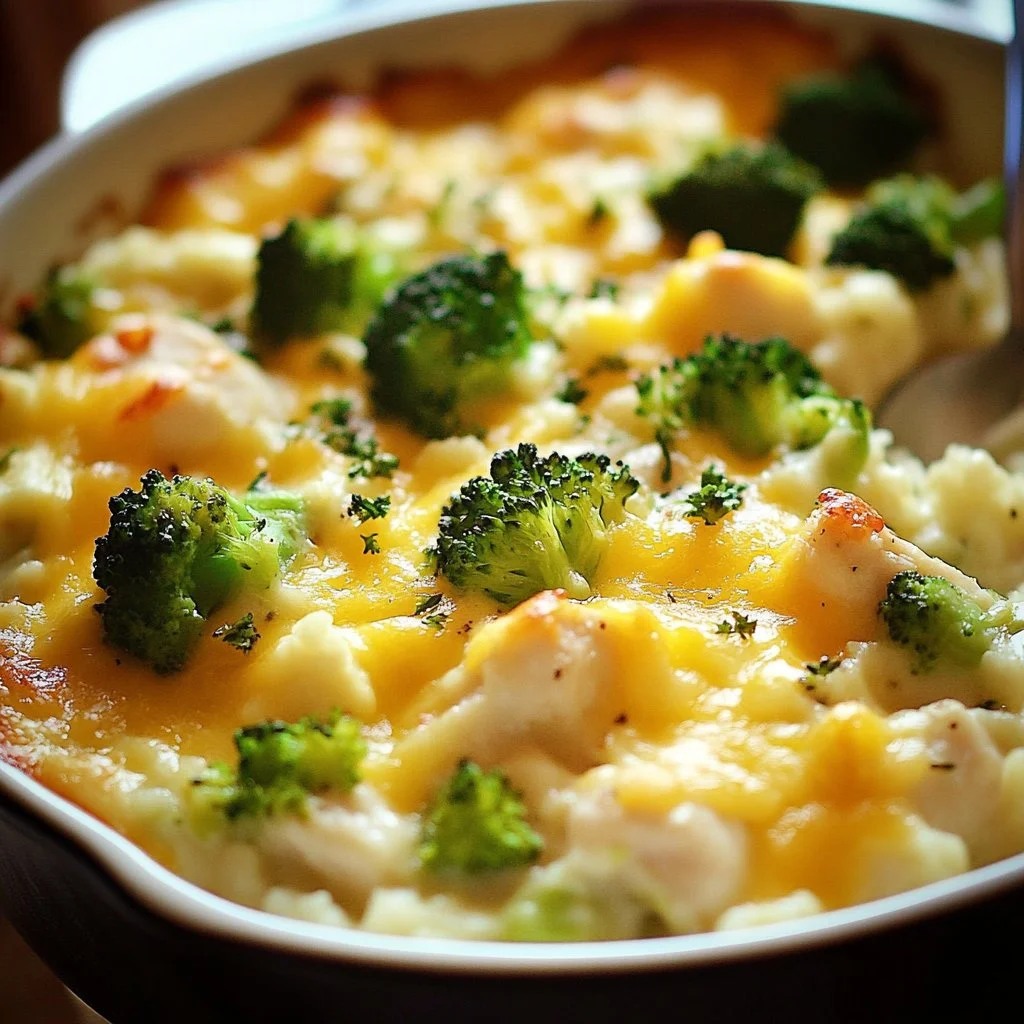 Delicious cheesy chicken broccoli rice casserole dish with vegetables