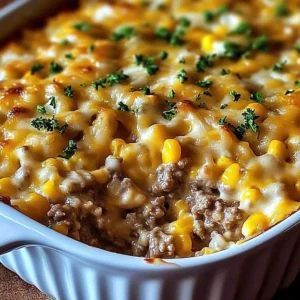 Cheesy ground beef and rice casserole in a baking dish, garnished with parsley.