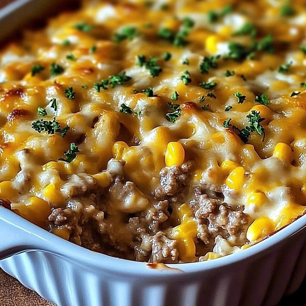 Cheesy ground beef and rice casserole in a baking dish, garnished with parsley.