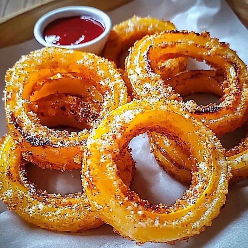 Cheesy onion rings served with dipping sauce