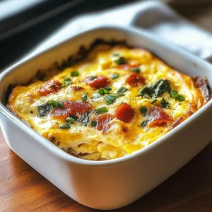 Cheesy protein egg bake topped with vegetables and cheese in a baking dish.