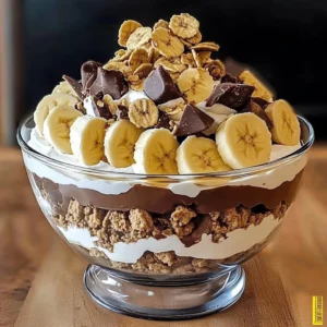 Delicious Chocolate Peanut Butter Banana Cream Trifle dessert in a glass dish