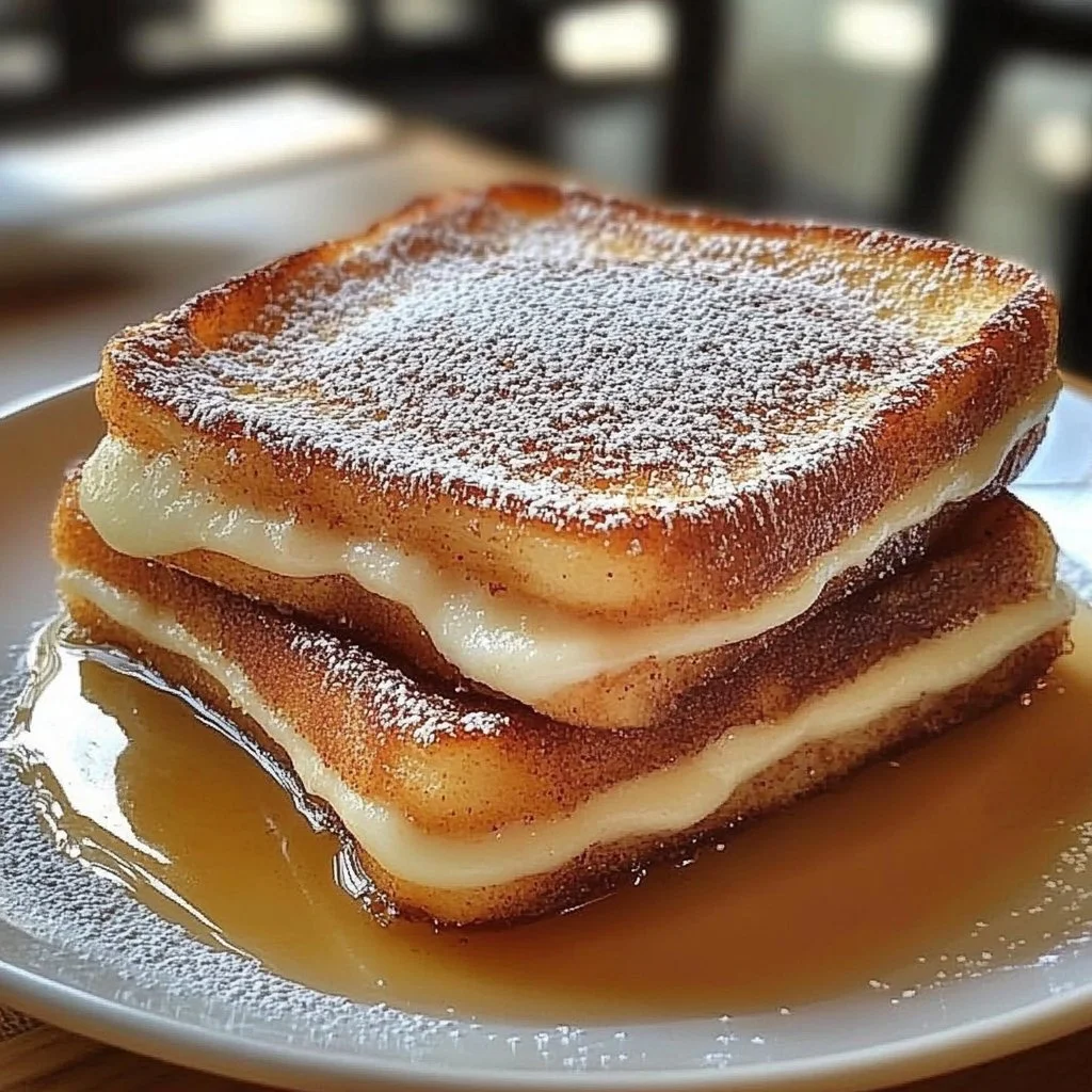 Churro stuffed French toast sprinkled with cinnamon sugar on a plate