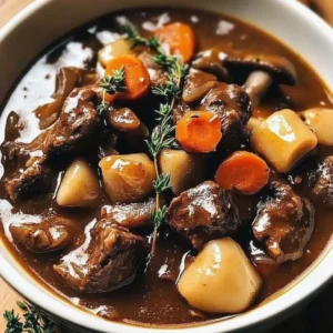 Bowl of classic French beef stew with mushrooms and herbs