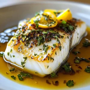 Succulent cod fillet garnished with lemon slices and fresh herbs