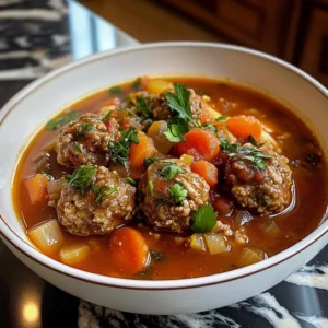 Bowl of comforting meatball soup with fresh herbs and vegetables.