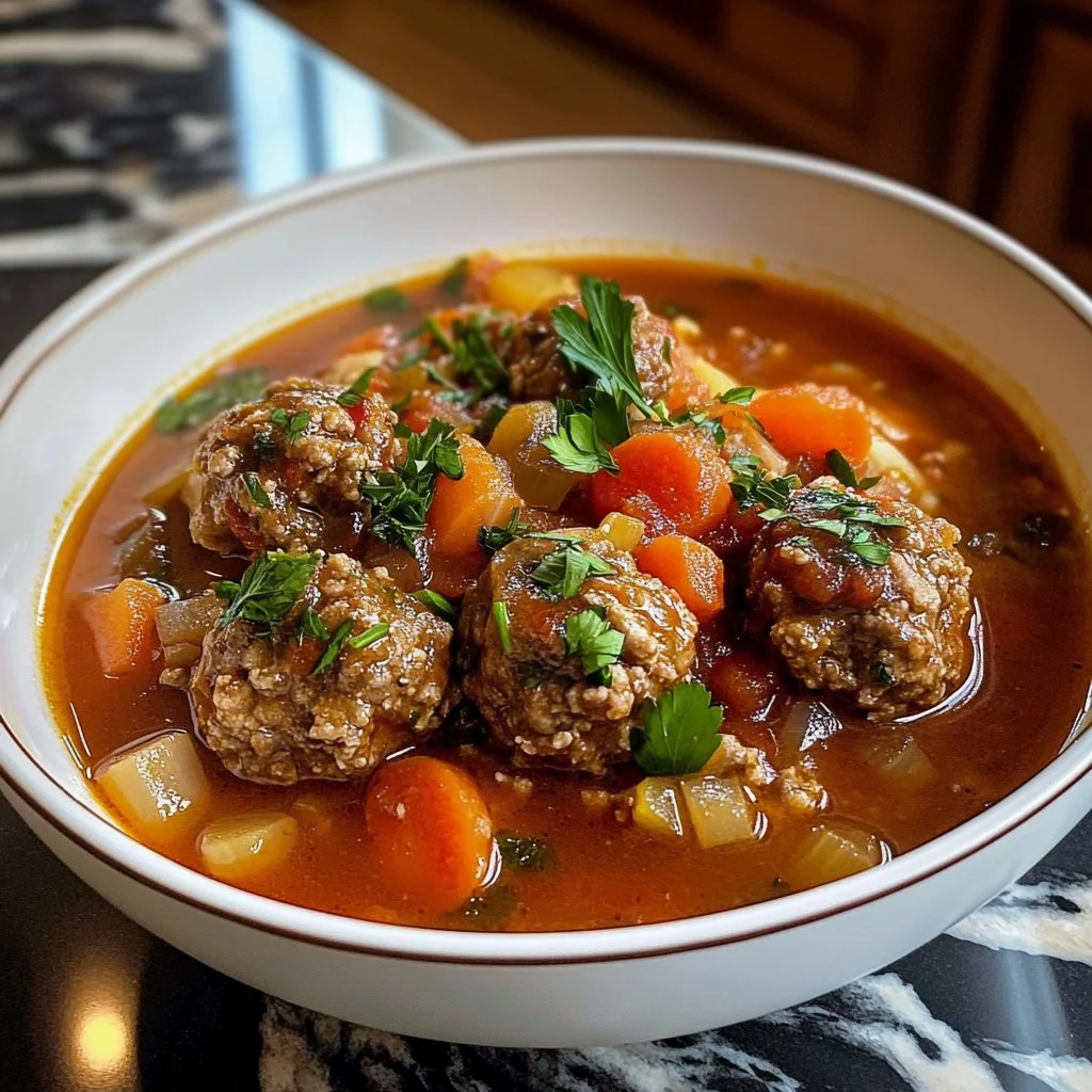 Bowl of comforting meatball soup with fresh herbs and vegetables.
