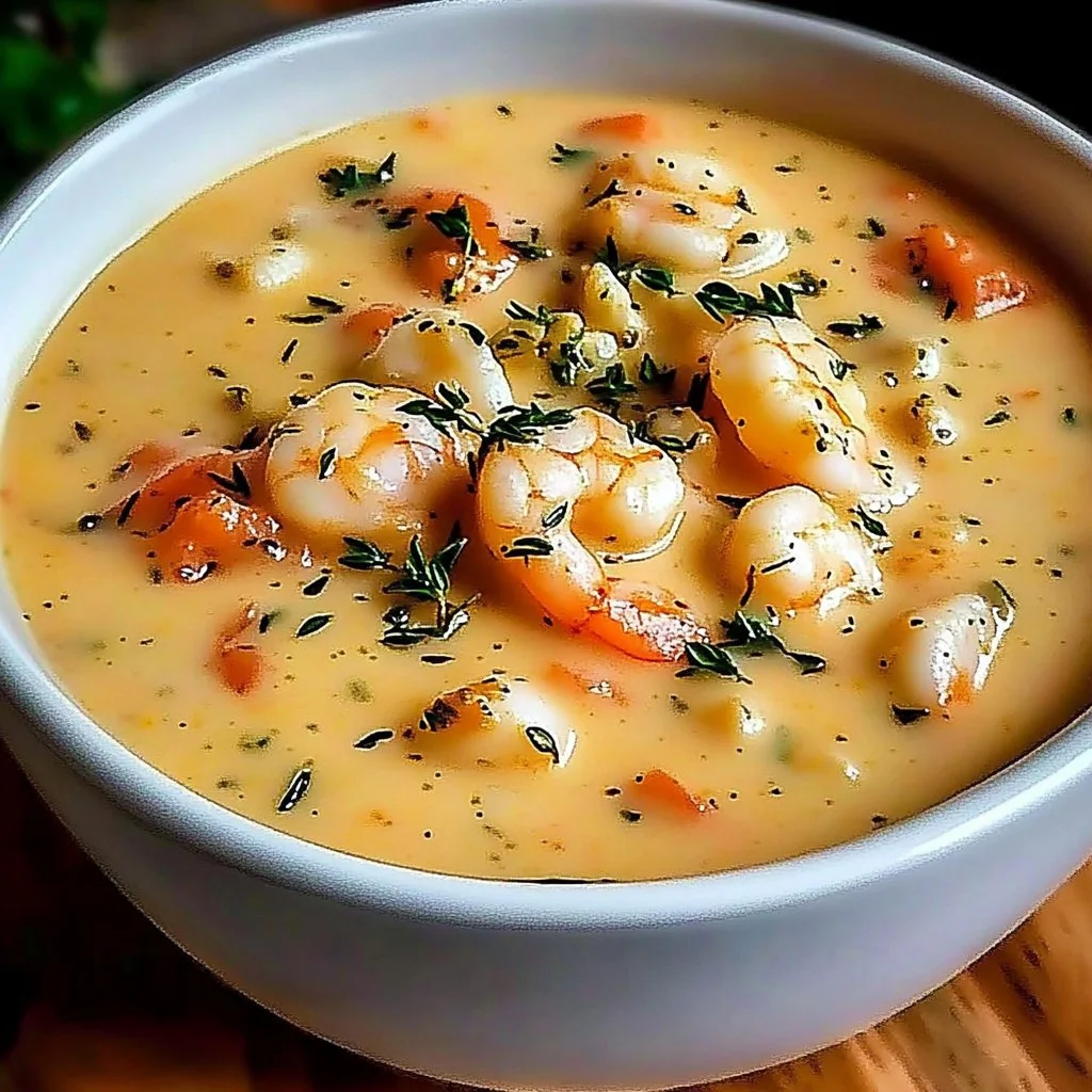 Creamy Crab & Shrimp Seafood Bisque served in a bowl with herbs