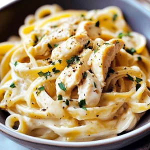 Creamy garlic chicken pasta served in a bowl, garnished with parsley.