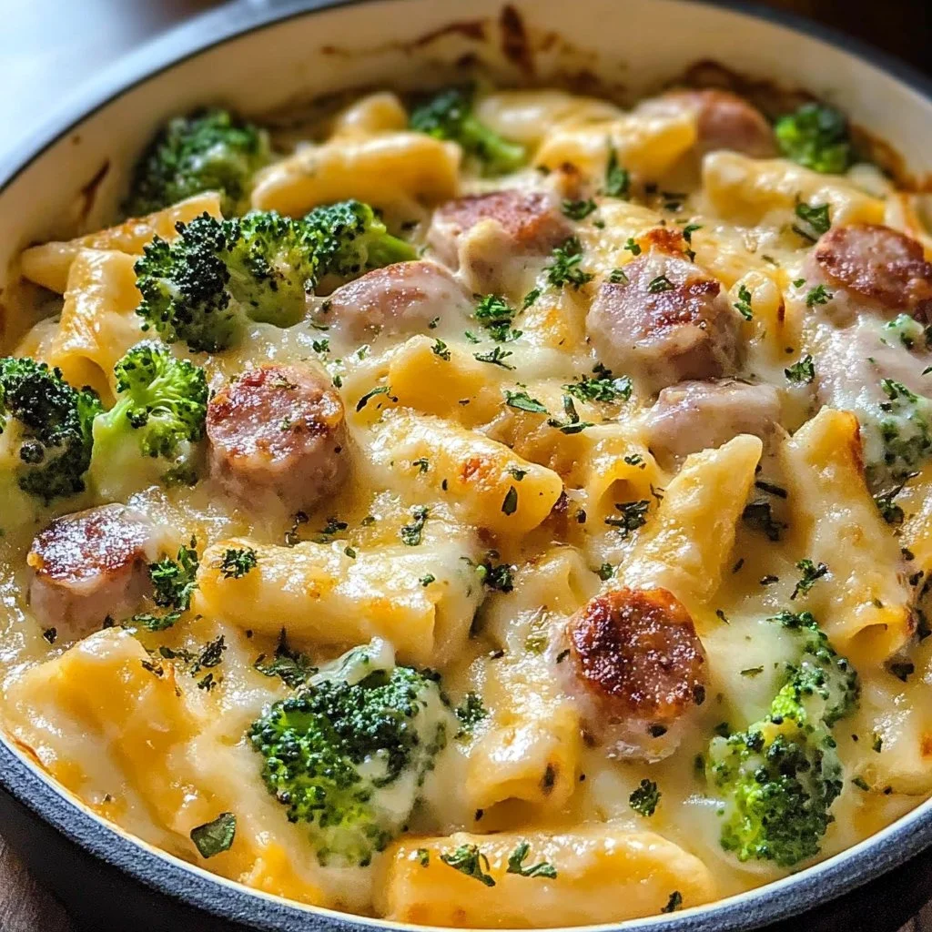 Creamy Kielbasa Broccoli Skillet served in a frying pan