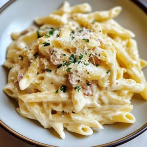 Delicious creamy pasta topped with herbs and cheese in a bowl.