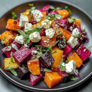 Creamy roasted beet salad with sweet potato and feta cheese served in a bowl