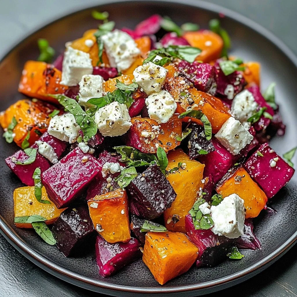 Creamy roasted beet salad with sweet potato and feta cheese served in a bowl