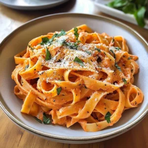 Creamy roasted red pepper pasta with herbs and parmesan cheese