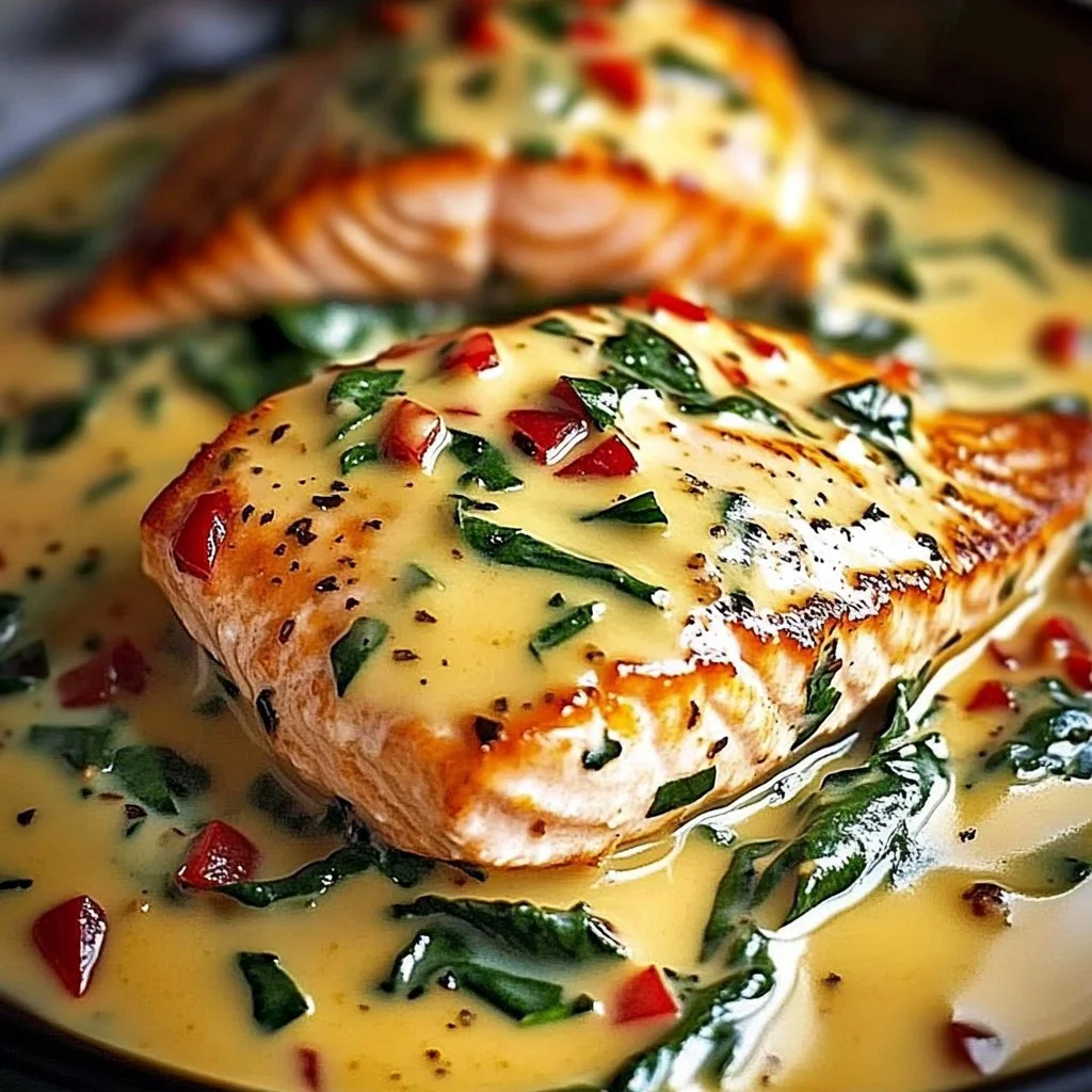 Creamy Spinach and Roasted Red Pepper Salmon dish on a plate