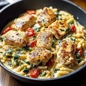 Creamy Tuscan Chicken Orzo with fresh herbs and vegetables in a bowl