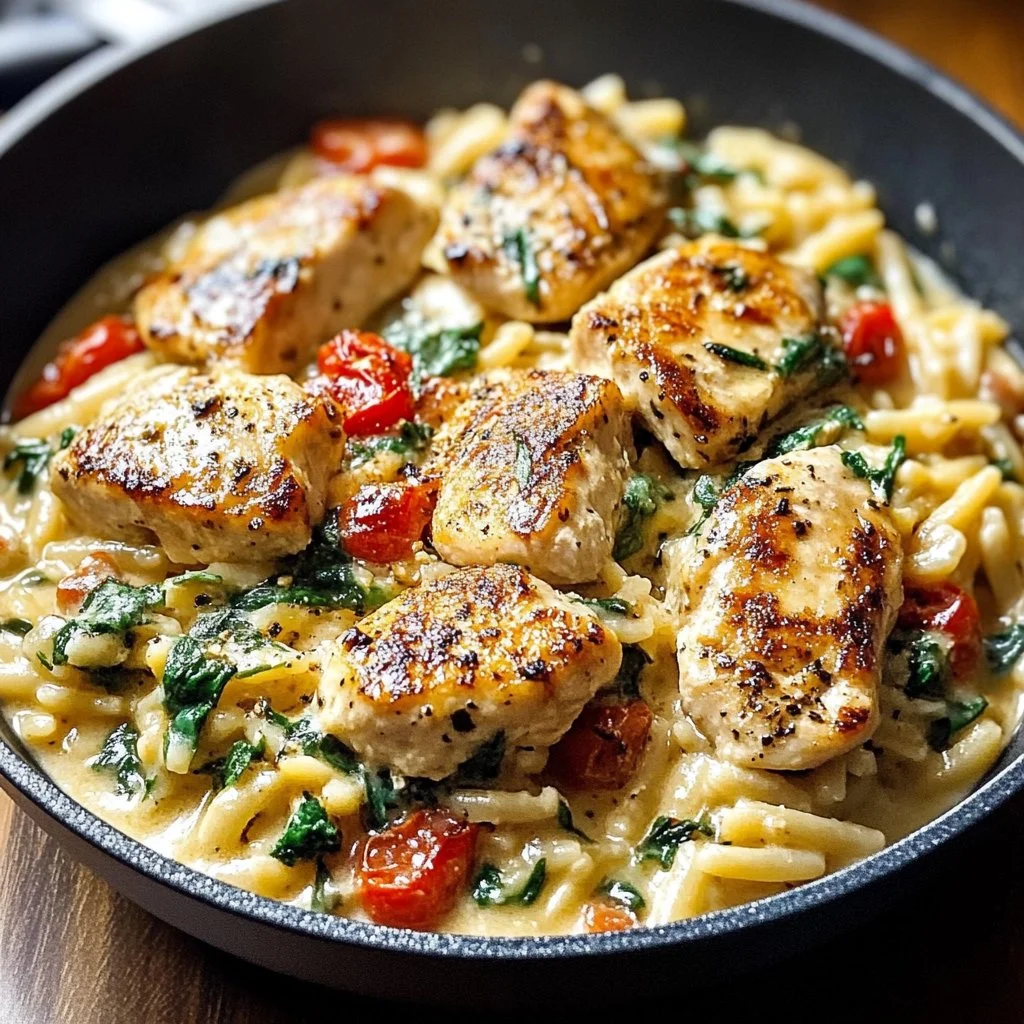 Creamy Tuscan Chicken Orzo with fresh herbs and vegetables in a bowl