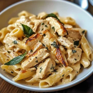 Creamy Tuscan chicken pasta served in a bowl with herbs and cheese