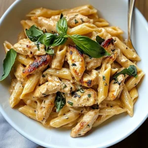 Creamy Tuscan chicken pasta dish with herbs and vegetables