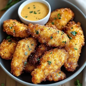 Crispy mustard chicken tenders served with a side of dipping sauce
