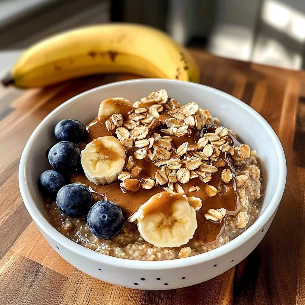 Bowl of decadent peanut butter oatmeal topped with fruit and nuts