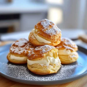 Delicious homemade cream puffs filled with cream and topped with chocolate