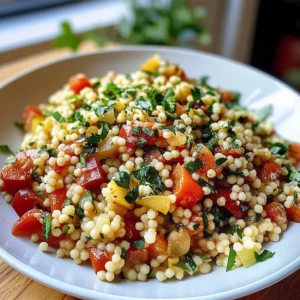 A plate of delightful pearled couscous garnished with fresh herbs and vegetables.