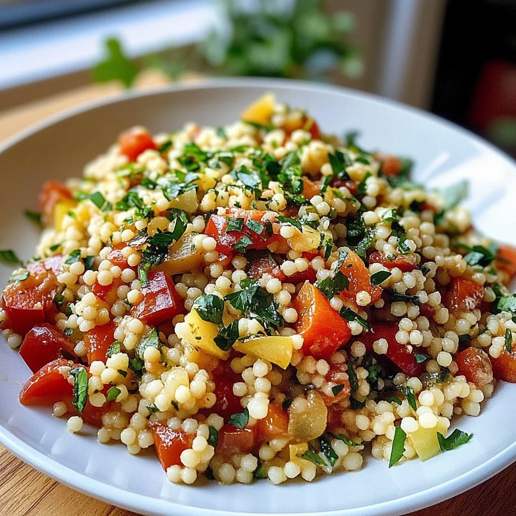 A plate of delightful pearled couscous garnished with fresh herbs and vegetables.