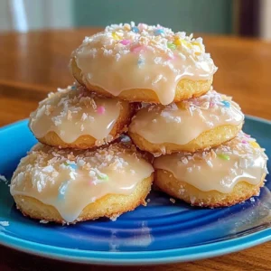 Dolly Parton coconut cookies with a lemon glaze on a plate
