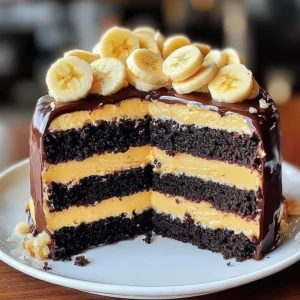 Delicious double chocolate banana layer cake with rich frosting and banana slices
