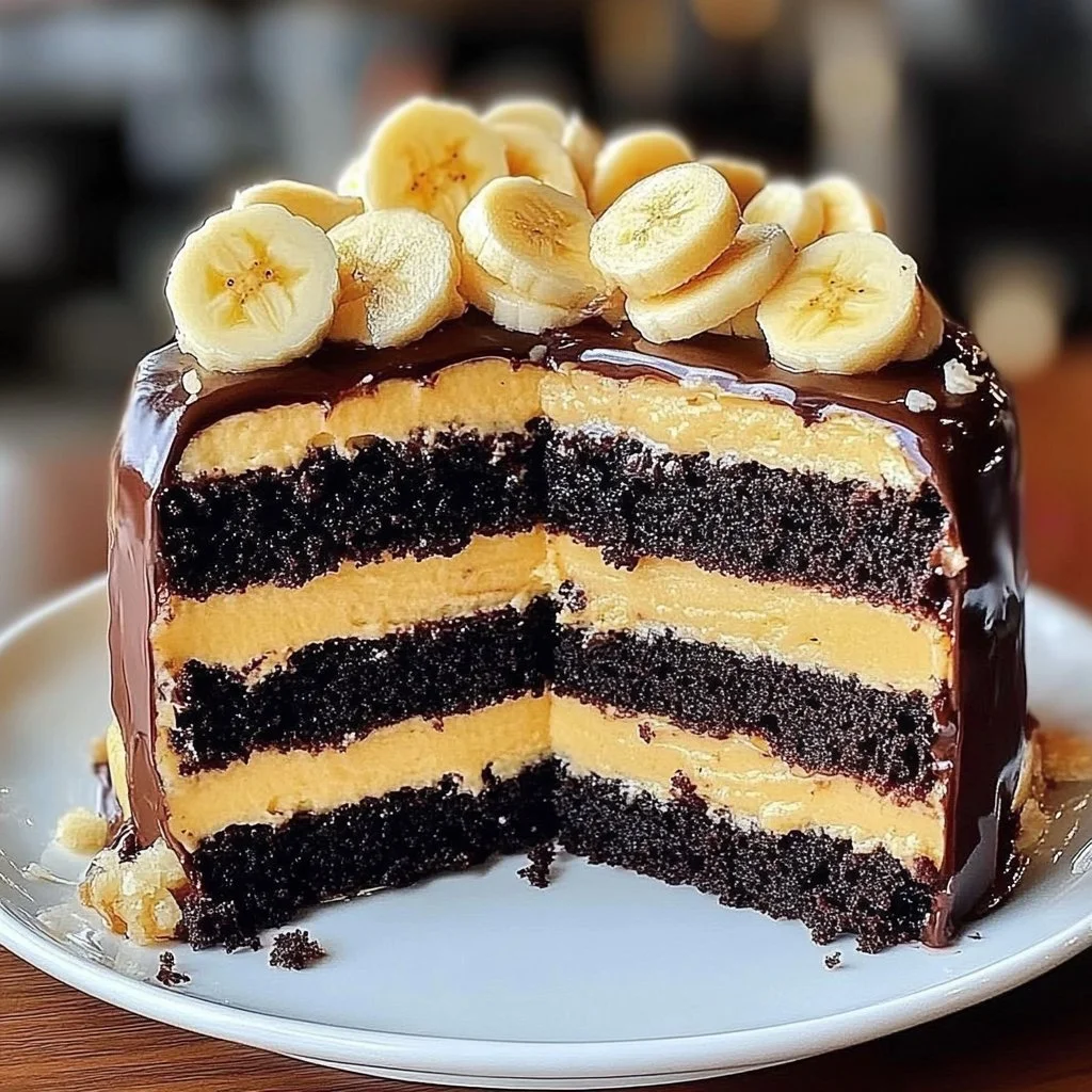 Delicious double chocolate banana layer cake with rich frosting and banana slices