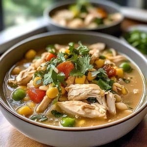 Bowl of easy white chicken chili garnished with cilantro and served with tortilla chips