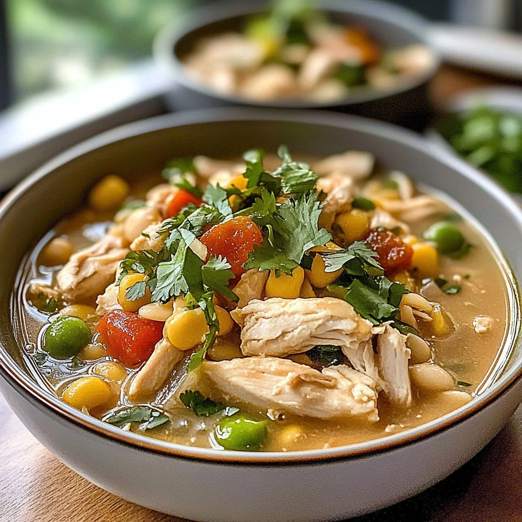Bowl of easy white chicken chili garnished with cilantro and served with tortilla chips