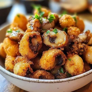 Plate of golden-brown fried mushrooms served as an appetizer