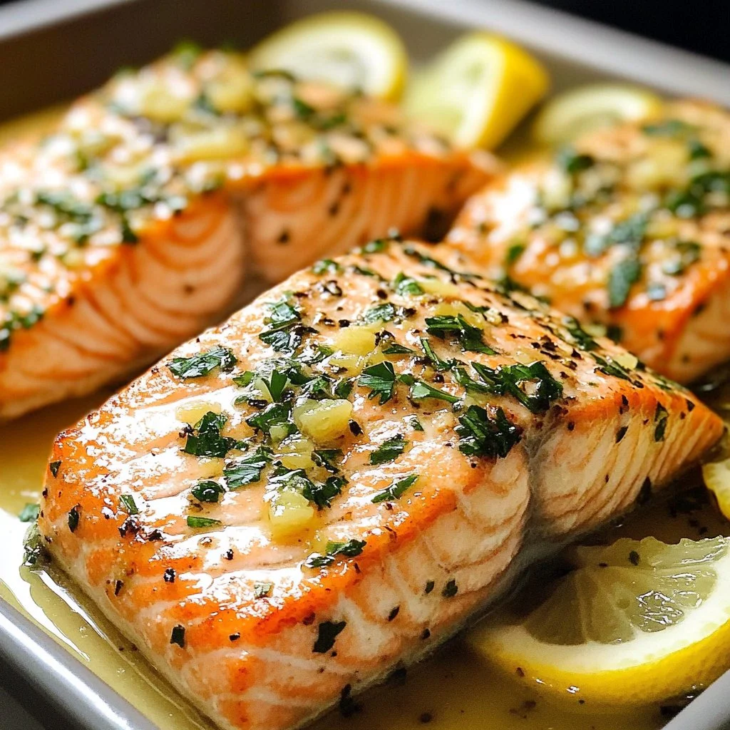 Delicious garlic butter salmon fillet garnished with herbs