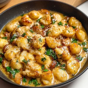 Delicious Garlic Chicken Gnocchi Skillet served in a skillet with fresh herbs